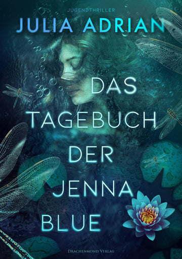 Das Cover zeigt eine Frau im Seitenprofil unter Wasser. Über ihr schwimmen Seerosenblätter und darüber fliegen Libellen. Farblich ist das Cover in Blau- und Grüntönen gehalten, unten rechts im Bild ist eine weiße Seerose abgebildet.